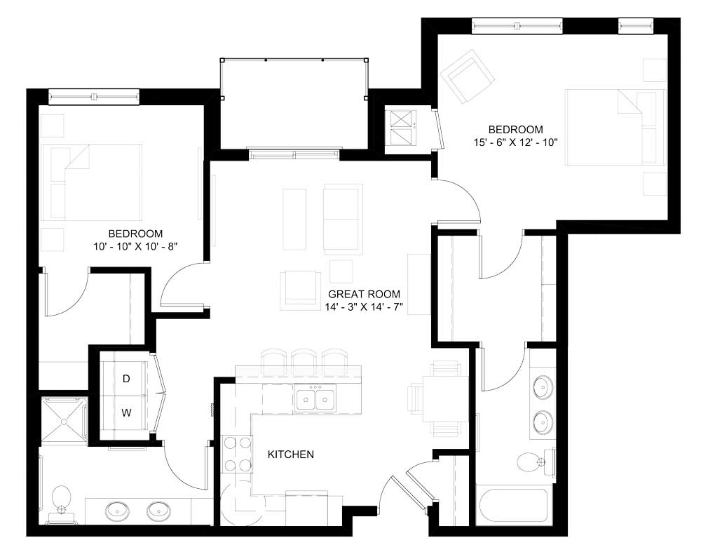 Floor plan for 2 beds, 2 baths, 1105 sqft